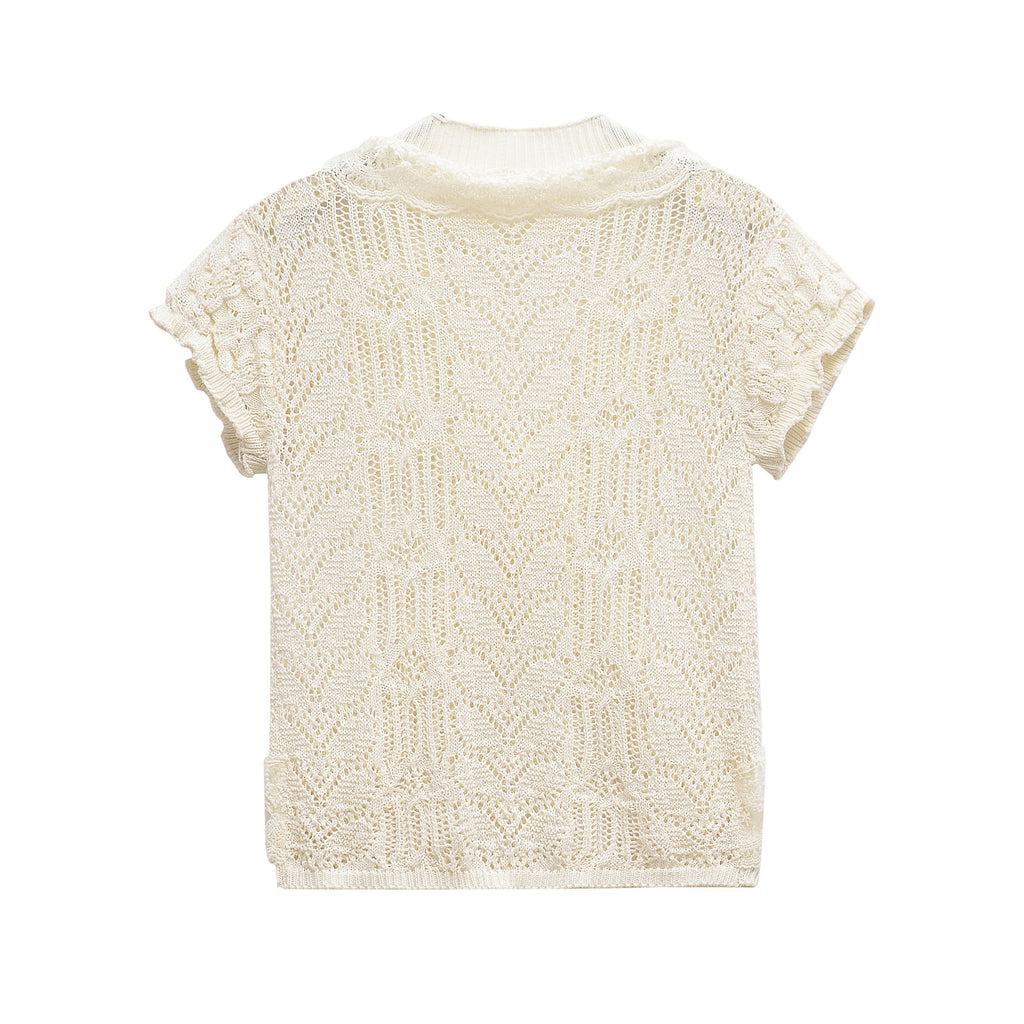 Round neck short sleeved jacquard mesh hollowed out T-shirt top for women