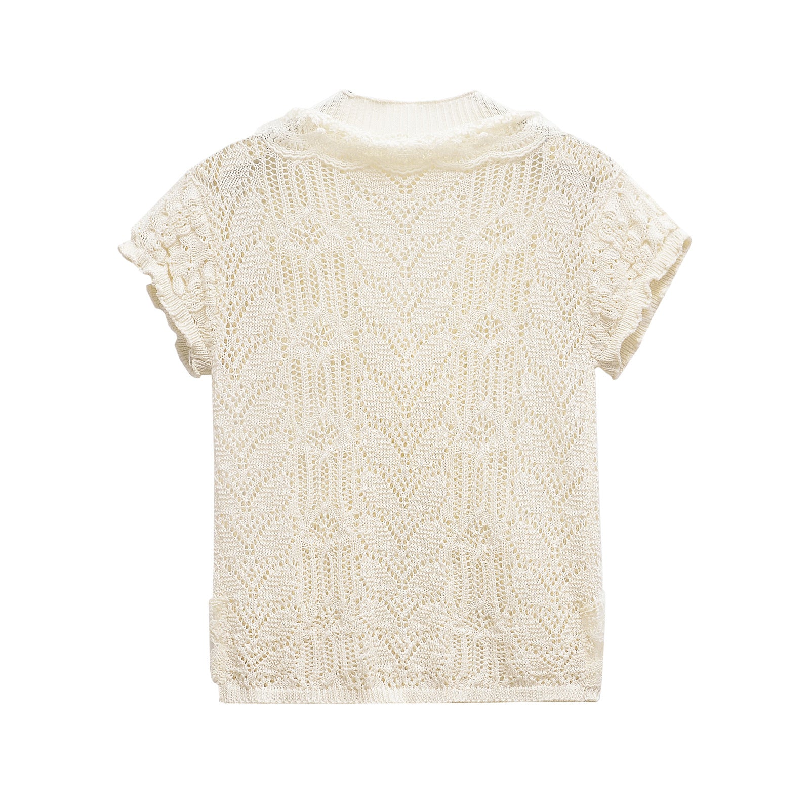 Round neck short sleeved jacquard mesh hollowed out T-shirt top for women
