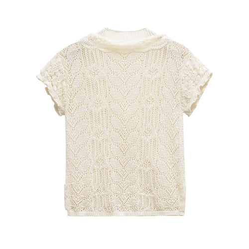 Round neck short sleeved jacquard mesh hollowed out T-shirt top for women